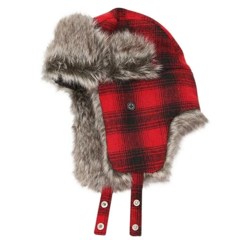 Wool & Faux Fur Buffalo Plaid Winter Trapper Hat