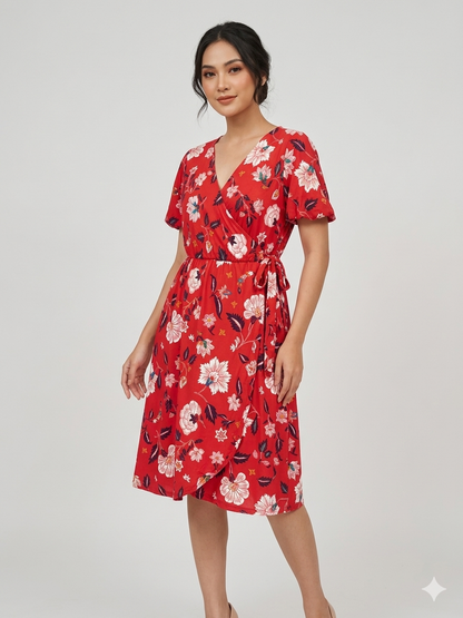 Red Floral Wrap Dress Women Casual Summer V Neck Short Sleeve Midi Dress (ONESIZE)