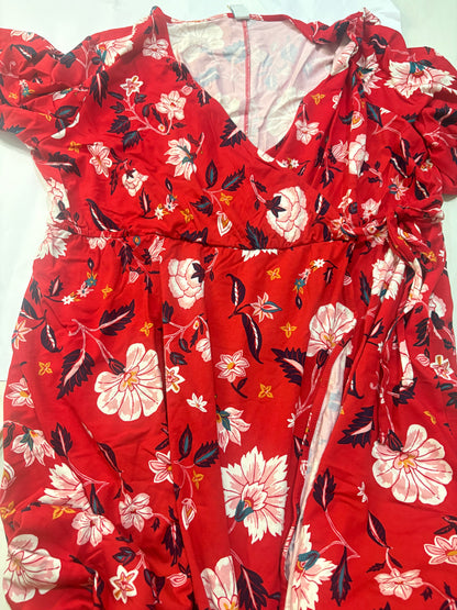 Red Floral Wrap Dress Women Casual Summer V Neck Short Sleeve Midi Dress (ONESIZE)