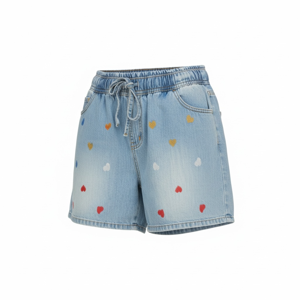 Women Casual Denim Shorts with Heart Print Relaxed Fit (Up to XL / Jumbo)
