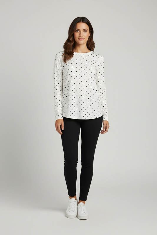 White Polkadot Long Sleeve Top XXL Casual Women Blouse Comfortable Fit