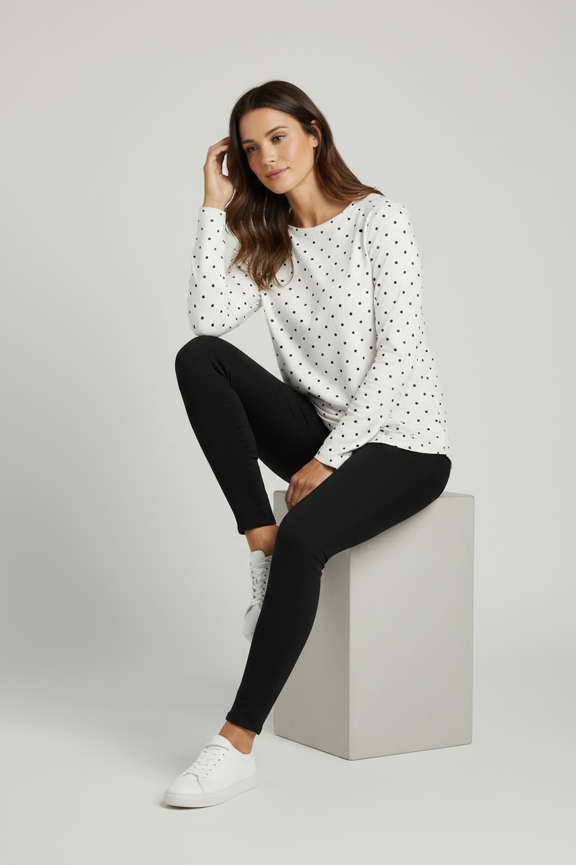 White Polkadot Long Sleeve Top XXL Casual Women Blouse Comfortable Fit