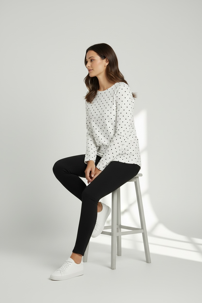 White Polkadot Long Sleeve Top XXL Casual Women Blouse Comfortable Fit