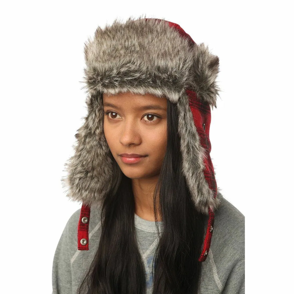 Wool & Faux Fur Buffalo Plaid Winter Trapper Hat