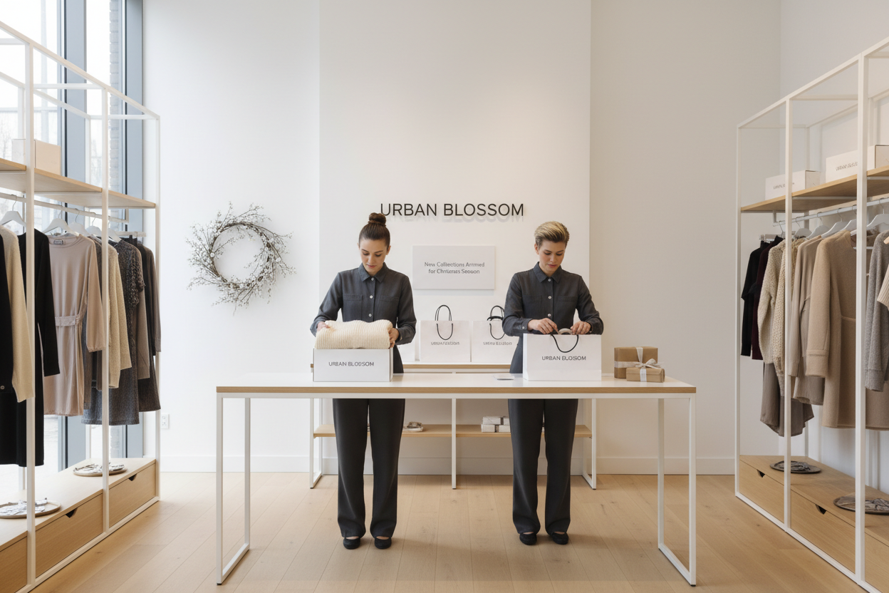 with urban blossom packaging boxes and shopping bags